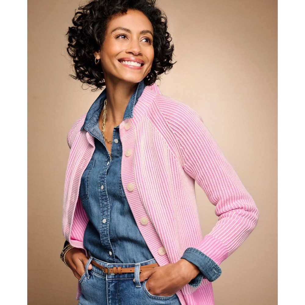 Talbots Plus Pink White Striped Shaker Stitch Cotton Cardigan Sweater 2X New